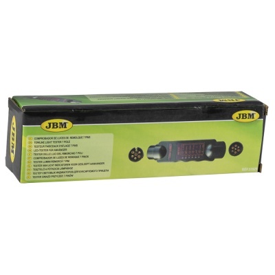 Embalagem verde e preta JBM com testador de luzes LED e texto multilingue