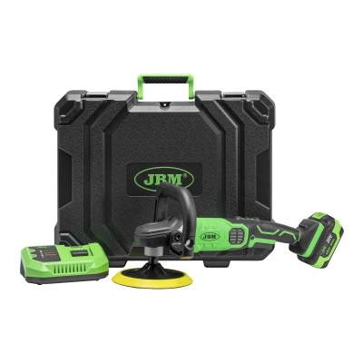 Conjunto de polidora elétrica JRM verde e preta com acessório, bateria, carregador e mala