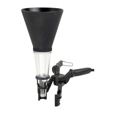 Funil para enchimento de líquidos preto e transparente com suporte