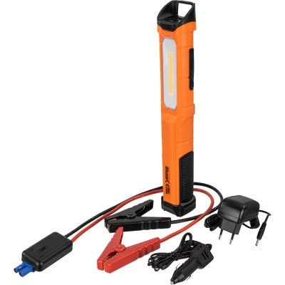 Lanterna de trabalho portátil laranja com cabos e carregadores