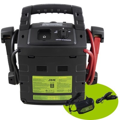 Bateria portátil preta com cabos vermelho e preto e carregadores eléctricos