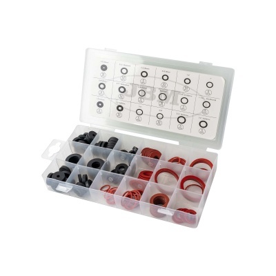 Caixa organizadora com anilhas de borracha pretas e vermelhas em divisórias