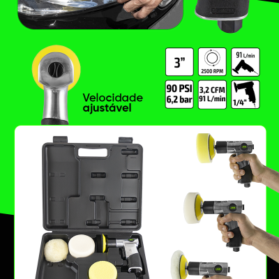 Polidora pneumática JBM com acessórios e maleta.