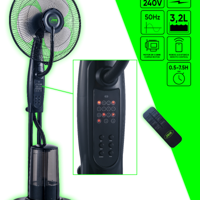 Ventoinha de pé preta com reservatório de água e painel digital