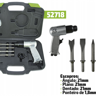 Conjunto de pistola pneumática com cinco escopros em estojo plástico preto