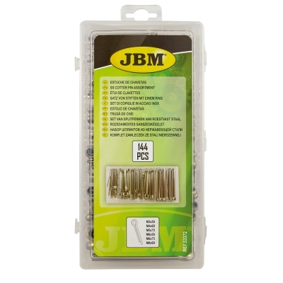 Conjunto de pinos de segurança JBM organizados numa caixa de plástico transparente