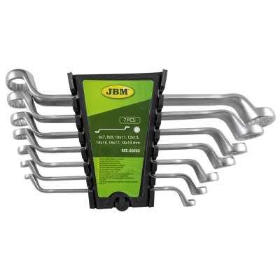 Conjunto de 7 chaves inglesas em suporte com etiqueta verde da marca JBM