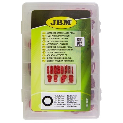 Estojo transparente com etiqueta amarela e verde JBM contendo arandelas de fibra