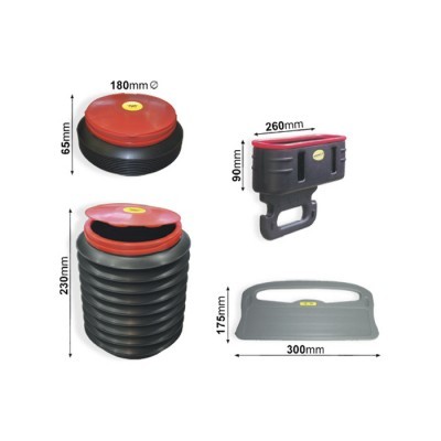 Componentes de equipamento em preto e vermelho com dimensões