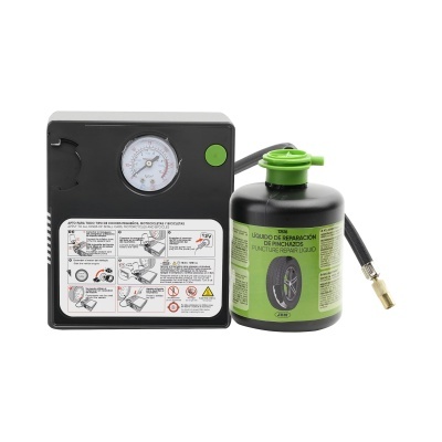 Máquina de enchimento e reparação de pneus com manómetro e líquido reparador