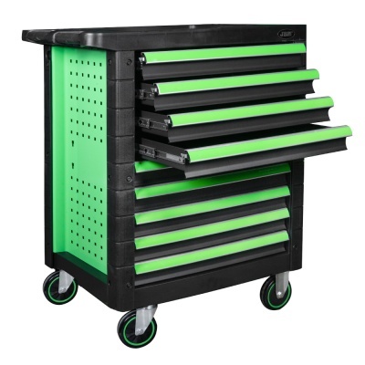 Carrinho de ferramentas verde e preto com 7 gavetas e rodas