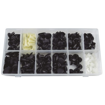 Caixa transparente com rebites e botões de pressão em plástico de várias cores e tamanhos