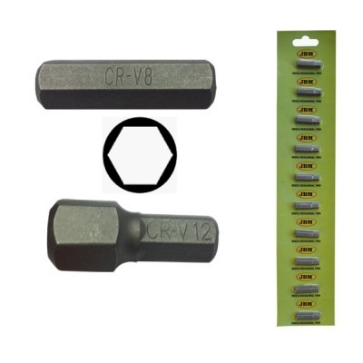 Adaptadores hexagonais metálicos cinzentos com inscrições CR-V8 e CR-V12 em cartão verde com logótipos amarelos JBM