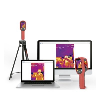 Câmara termográfica vermelha e ecrãs a mostrar imagens térmicas com leitura de temperatura
