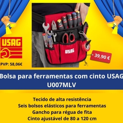 Bolsa vermelha para ferramentas USAG com múltiplas ferramentas e etiquetas de preço em fundo amarelo e cortinas azuis
