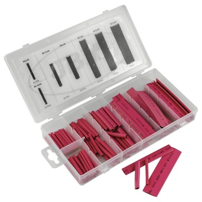 Conjunto de tubos termorretráteis vermelhos em caixa plástica com divisórias