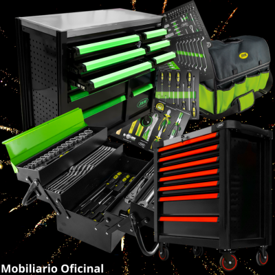 Mobiliário oficinal com gavetas verdes e vermelhas, ferramentas, mala de ferramentas e texto MOBILIARIO OFICINAL