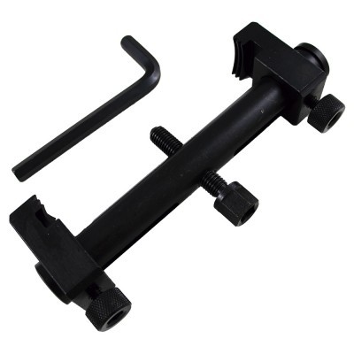 Ferramenta preta com parafusos e chave hexagonal