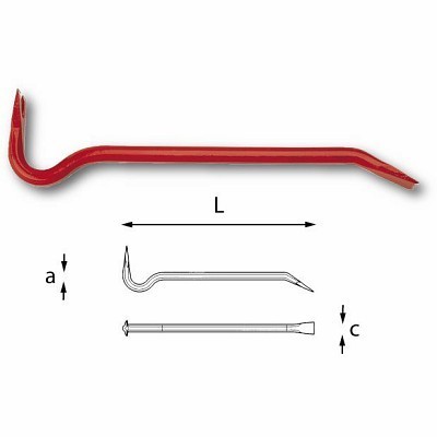 Barra de ferro vermelha com gancho e ponta chata e esquema técnico com medidas