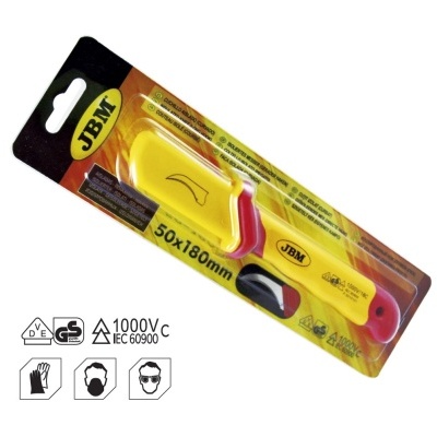 Faca de segurança JBM amarela e vermelha em embalagem blister