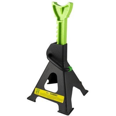 Cavalete de suporte automóvel preto com haste verde e etiqueta amarela.