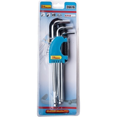 Conjunto de chaves HEX tipo L em aço com suporte azul e preto em embalagem blister