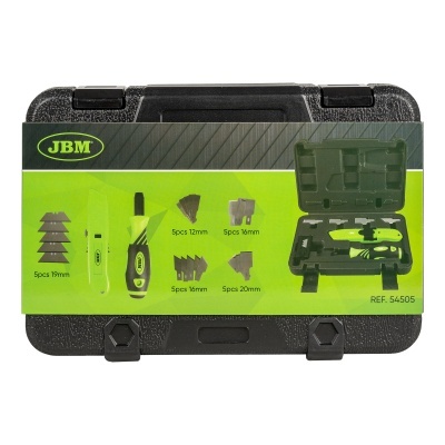 Estojo preto com conjunto de ferramentas e rótulo verde JBM