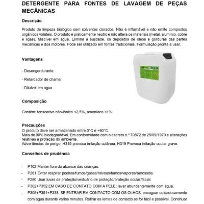 Ficha técnica e imagem de produto detergente JBM para lavagem mecânica em recipiente branco