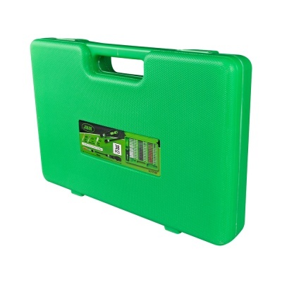 Estojo verde plástico com pega e etiqueta frontal com texto '38 PCS'.