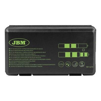 Estojo preto com texto verde da marca JBM e instruções no verso.