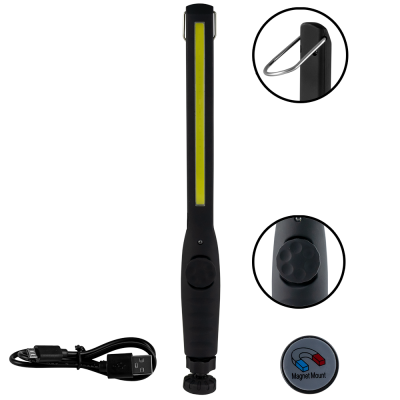 Lanterna de trabalho preta com luz LED amarela e cabo USB