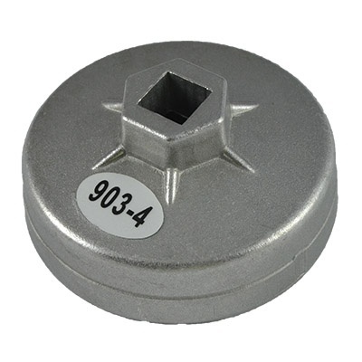 Ferramenta metálica circular cinza com etiqueta 903-4