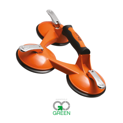 Dispositivo de ventosas laranja e preto com alavancas metálicas para fixar superfícies.