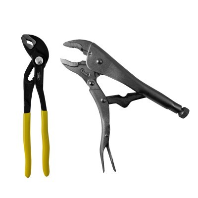 Alicates manuais, um com cabos amarelos e outro cinzento