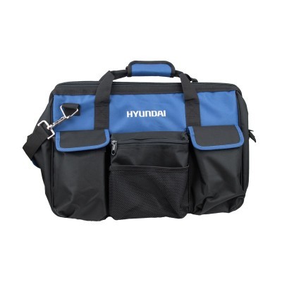 Mala de ferramentas azul e preta com bolsos frontais e alça de ombro