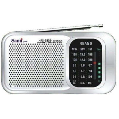 Rádio portátil branco Sami com antena e visor de frequências