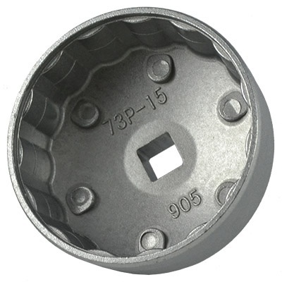 Ferramenta metálica circular para filtro de óleo com texto '73P-15' e '905'