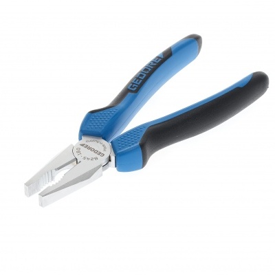 Alicate azul e preto com corpo metálico sobre fundo branco