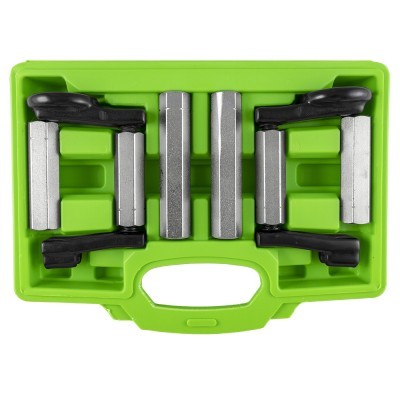 Conjunto de ferramentas metálicas com punhos pretos numa caixa verde