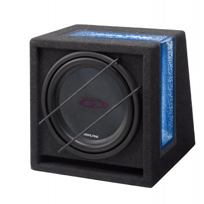 Subwoofer Alpine preto e azul com grelha de proteção