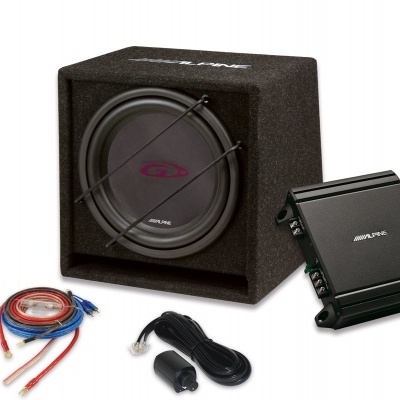 Conjunto de sistema de áudio automóvel Alpine com subwoofer, amplificador e cabos