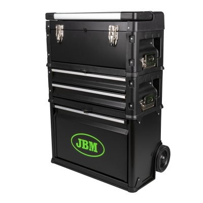 Carrinho de ferramenta portátil metálico preto com rodas e logotipo verde JBM