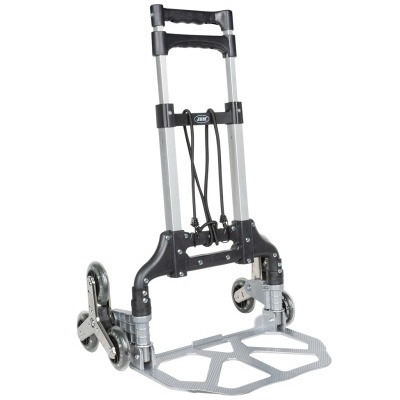 Carrinho de carga metálico dobrável com rodas triangulares e pega preta