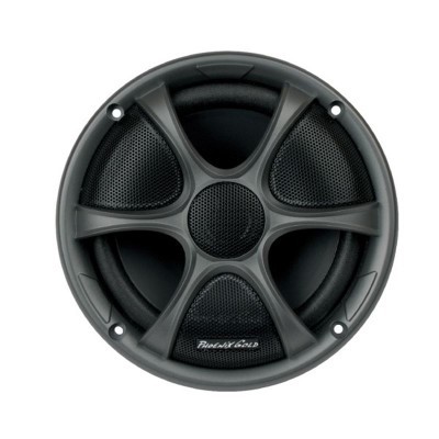 Coluna de som redonda cinzenta com grelha preta e texto branco Pioneer Champion Series.