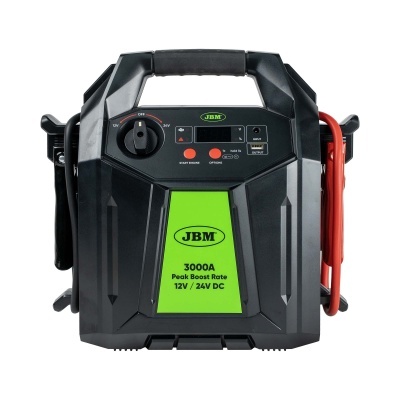 Carregador de bateria automóvel JBM preto e verde com cabos e pinças vermelhas