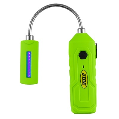 Dispositivo portátil verde fluorescente com cabo metálico flexível e luz LED azul