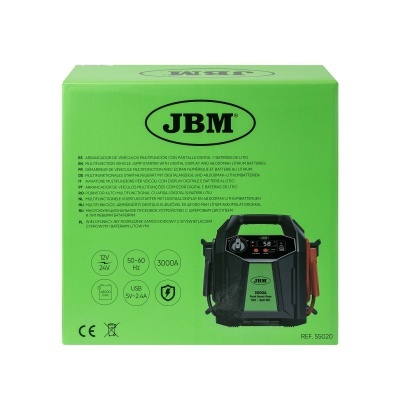 Caixa verde com arrancador de veículos multifunções JBM e especificações técnicas