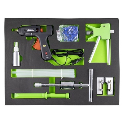 Kit de ferramentas com pistola de cola quente, bastões de cola, spray, peças metálicas e suporte