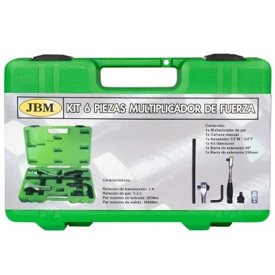 Estojo verde com etiqueta branca e texto KIT 6 PIEZAS MULTIPLICADOR DE FUERZA