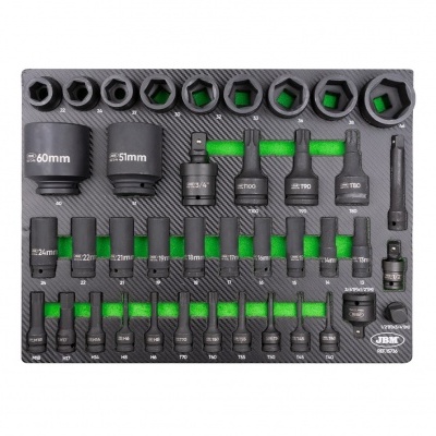 Conjunto de ferramentas JBM com chaves de soquete e bits em base preta e verde